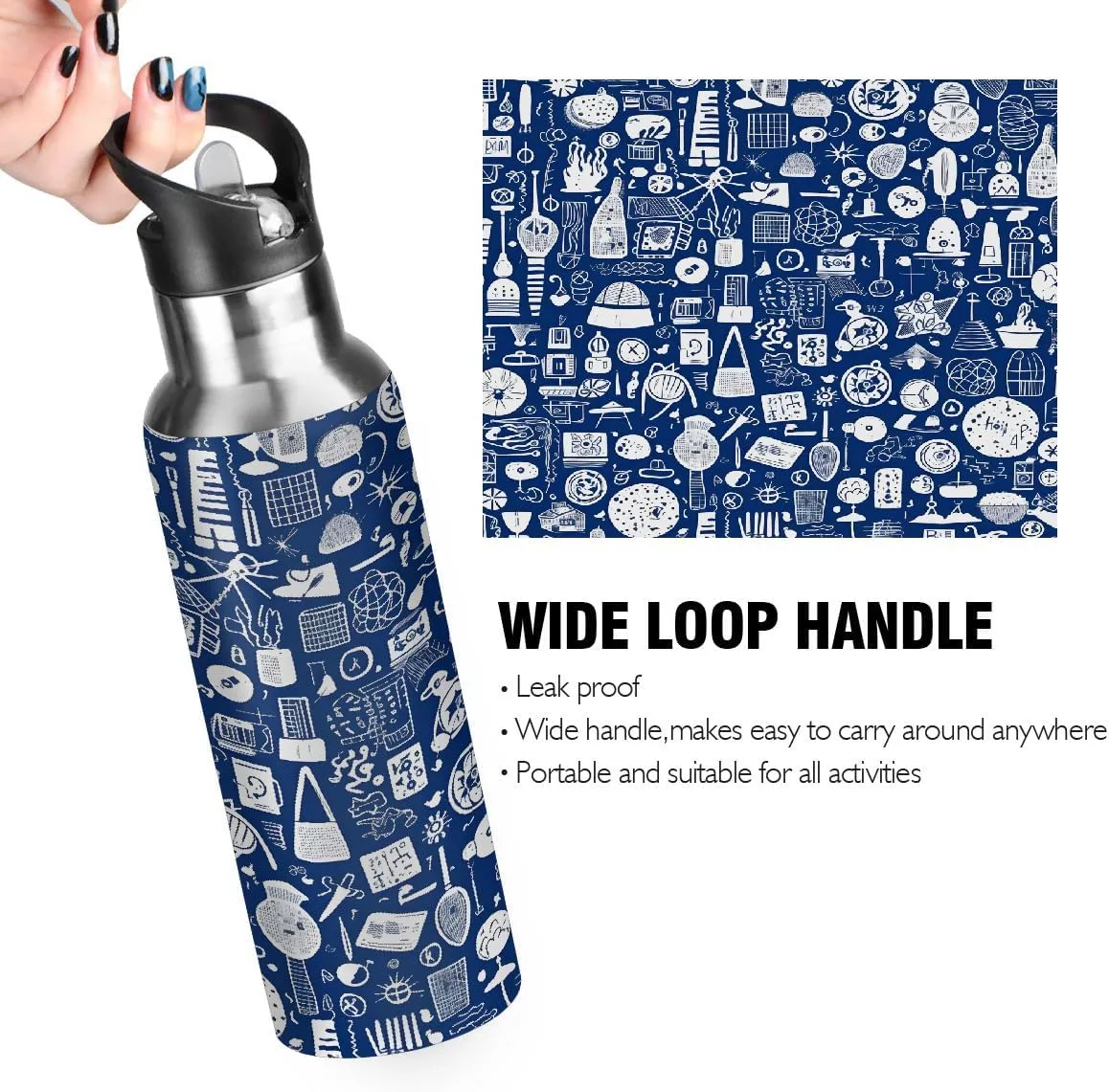 Water Bottle Stainless Steel, Modern Pattern Insulated Sports Bottle with Straw, BPA Free Reusable Bottles for Fitness, Travel & Outdoor Activities