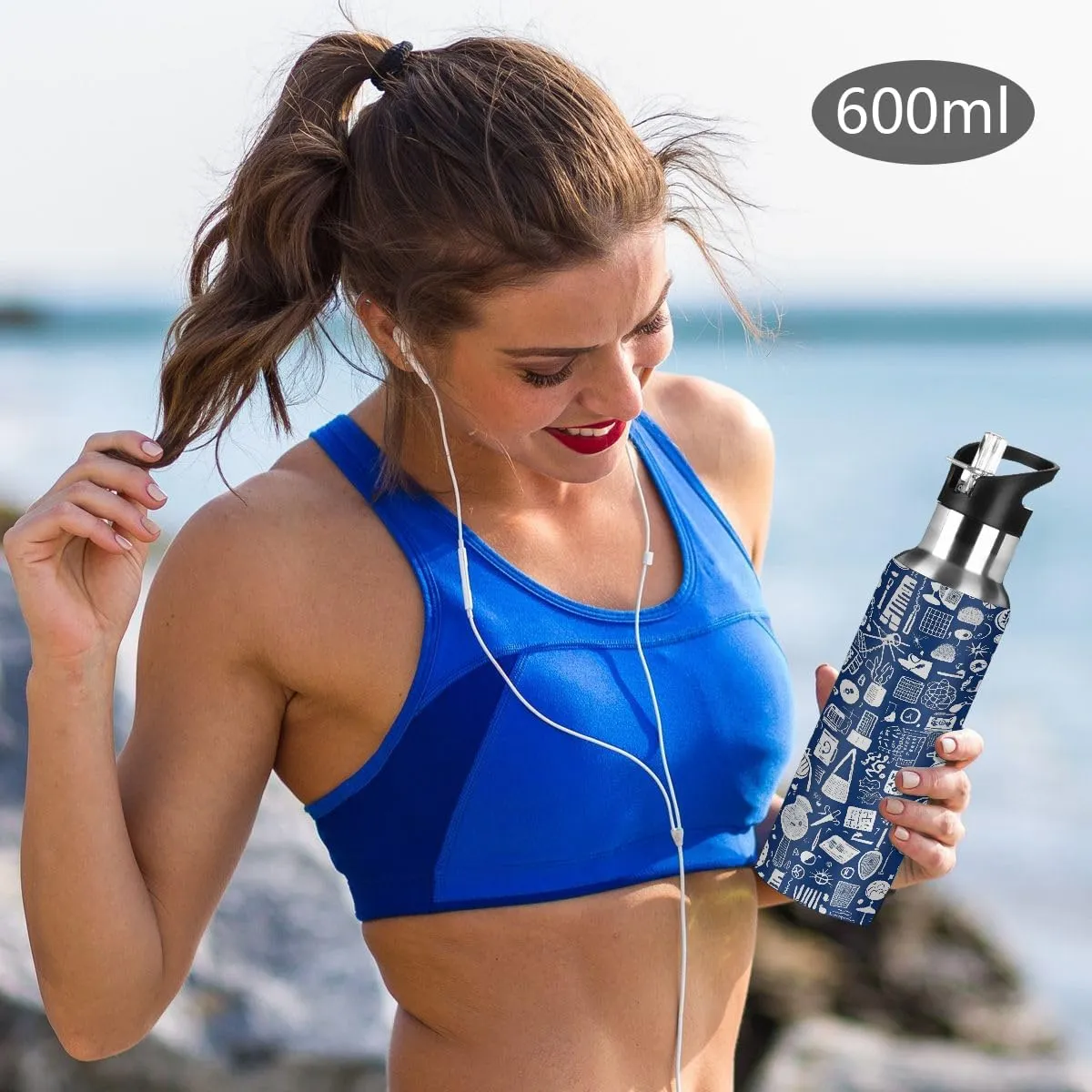 Water Bottle Stainless Steel, Modern Pattern Insulated Sports Bottle with Straw, BPA Free Reusable Bottles for Fitness, Travel & Outdoor Activities
