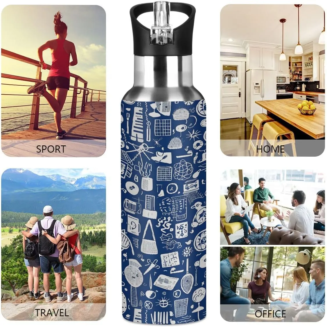 Water Bottle Stainless Steel, Modern Pattern Insulated Sports Bottle with Straw, BPA Free Reusable Bottles for Fitness, Travel & Outdoor Activities