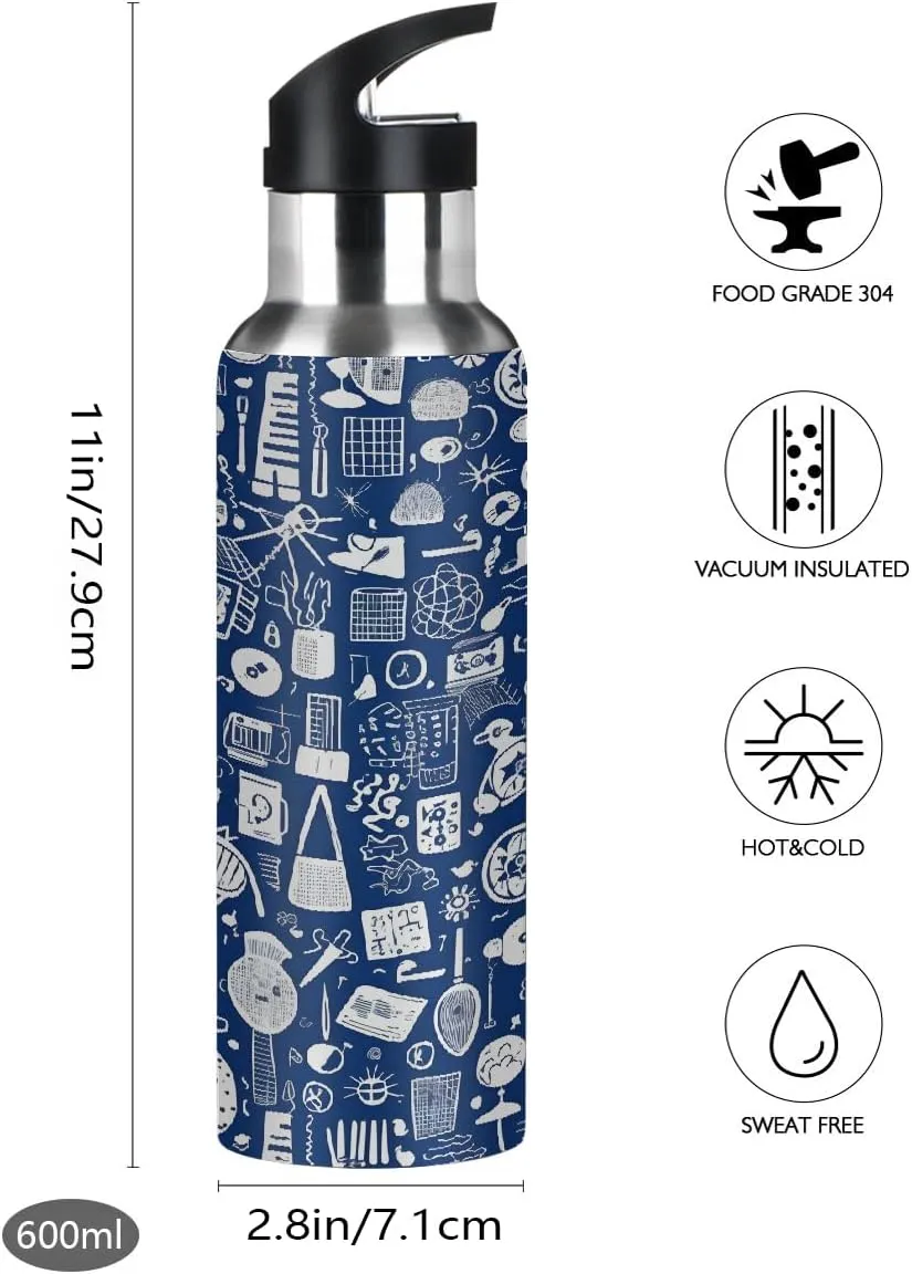 Water Bottle Stainless Steel, Modern Pattern Insulated Sports Bottle with Straw, BPA Free Reusable Bottles for Fitness, Travel & Outdoor Activities
