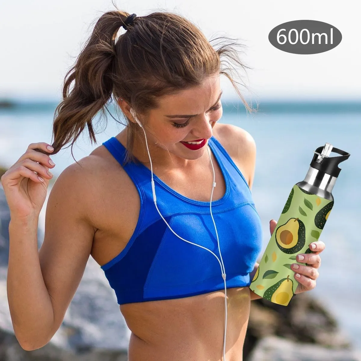 Water Bottle Stainless Steel, Tropical Avocado Insulated Sports Bottle with Straw, BPA Free Reusable Bottles for Fitness, Travel & Outdoor Activities
