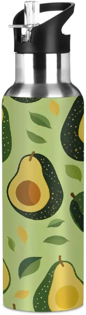 Water Bottle Stainless Steel, Tropical Avocado Insulated Sports Bottle with Straw, BPA Free Reusable Bottles for Fitness, Travel & Outdoor Activities
