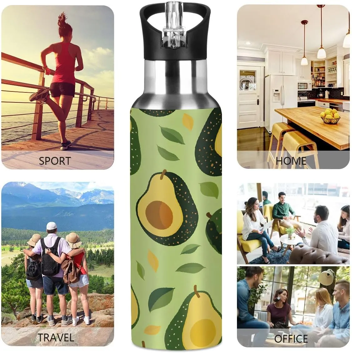 Water Bottle Stainless Steel, Tropical Avocado Insulated Sports Bottle with Straw, BPA Free Reusable Bottles for Fitness, Travel & Outdoor Activities