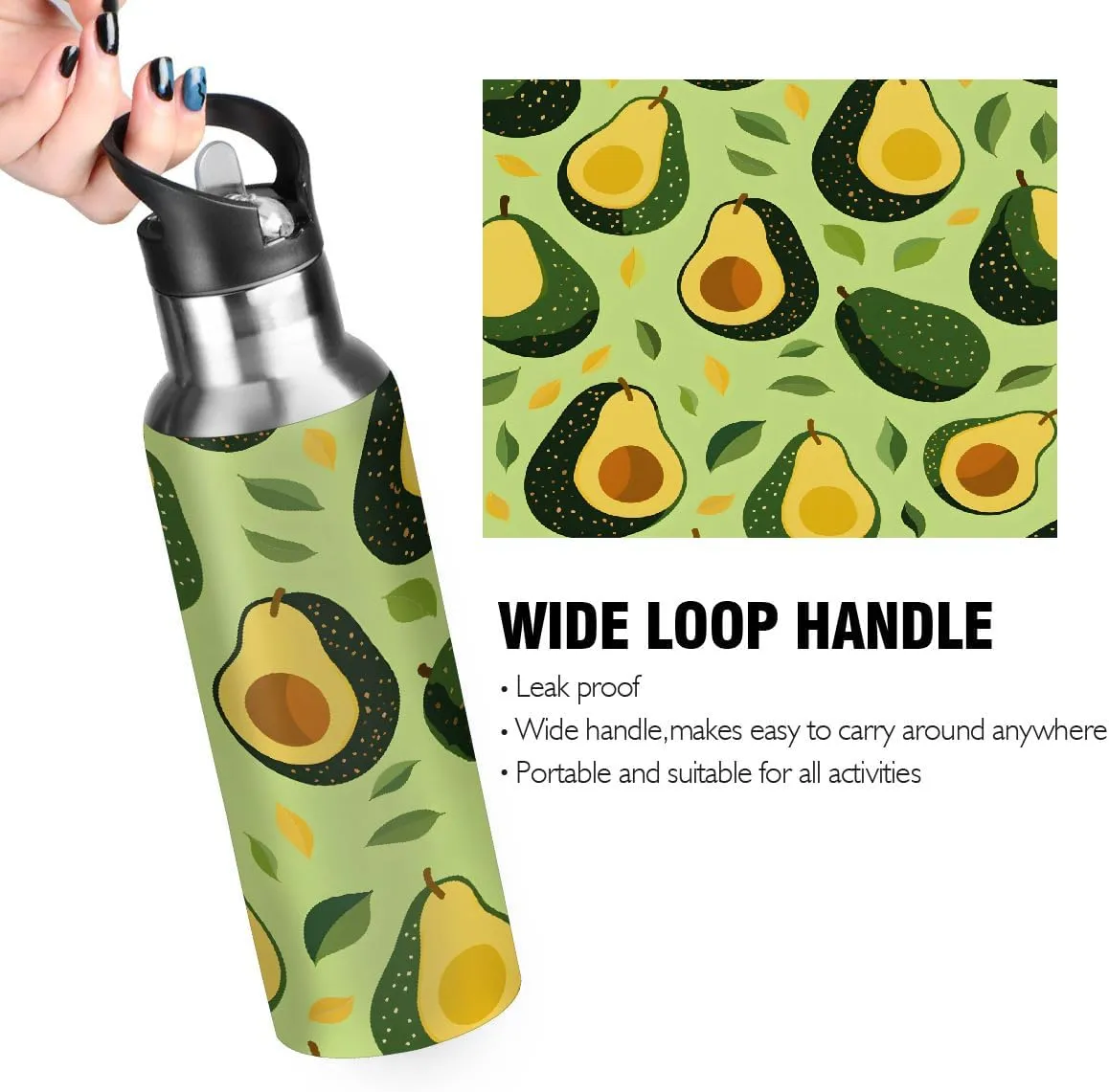 Water Bottle Stainless Steel, Tropical Avocado Insulated Sports Bottle with Straw, BPA Free Reusable Bottles for Fitness, Travel & Outdoor Activities