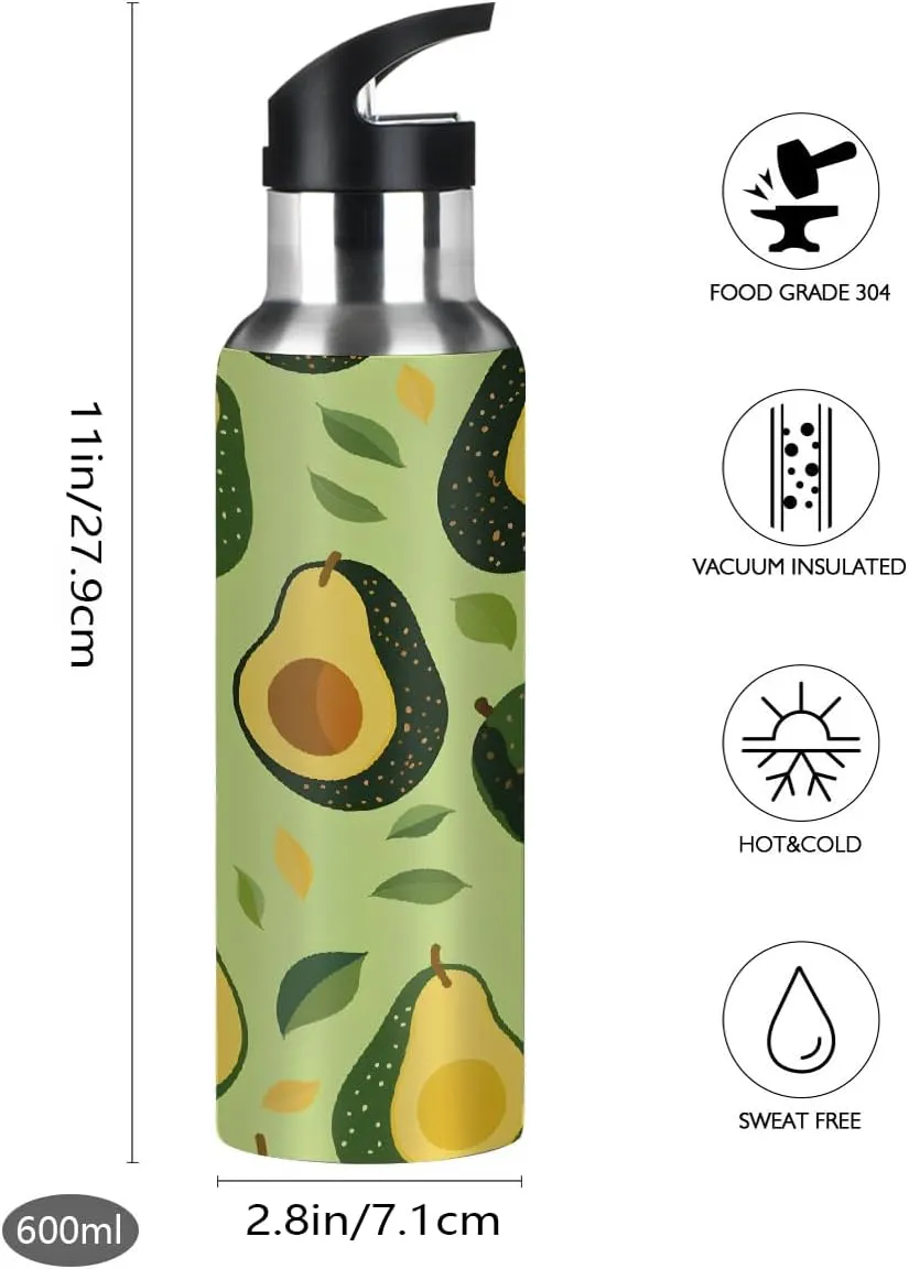 Water Bottle Stainless Steel, Tropical Avocado Insulated Sports Bottle with Straw, BPA Free Reusable Bottles for Fitness, Travel & Outdoor Activities
