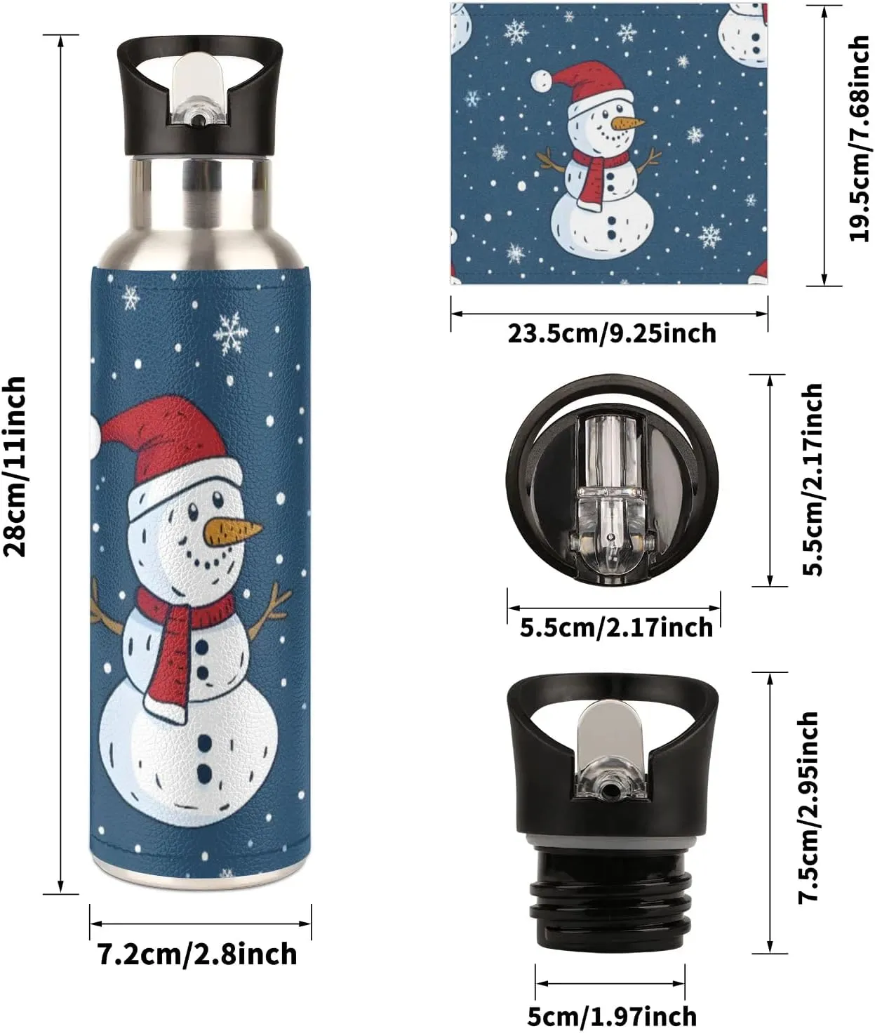 Water Bottle with Straw Lid Insulated Stainless Steel Thermos Reusable Leak Proof Flask for Sports Gym Snowman Christmas