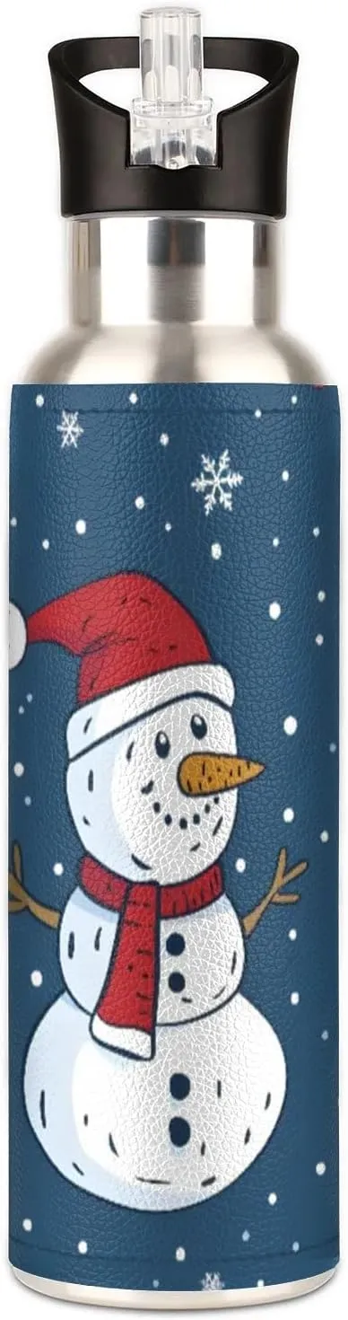 Water Bottle with Straw Lid Insulated Stainless Steel Thermos Reusable Leak Proof Flask for Sports Gym Snowman Christmas