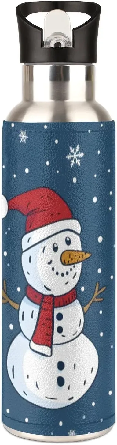 Water Bottle with Straw Lid Insulated Stainless Steel Thermos Reusable Leak Proof Flask for Sports Gym Snowman Christmas