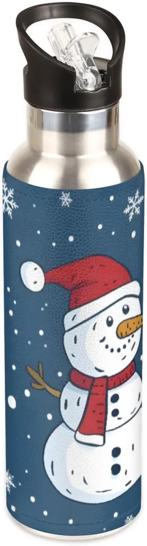 Water Bottle with Straw Lid Insulated Stainless Steel Thermos Reusable Leak Proof Flask for Sports Gym Snowman Christmas