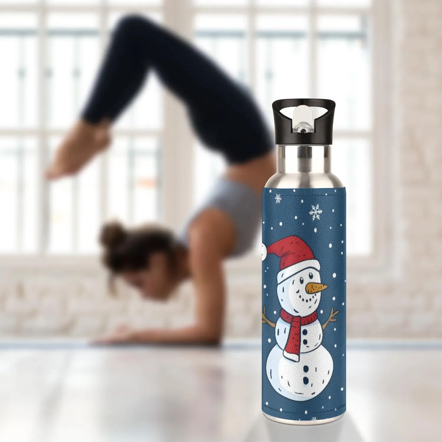 Water Bottle with Straw Lid Insulated Stainless Steel Thermos Reusable Leak Proof Flask for Sports Gym Snowman Christmas