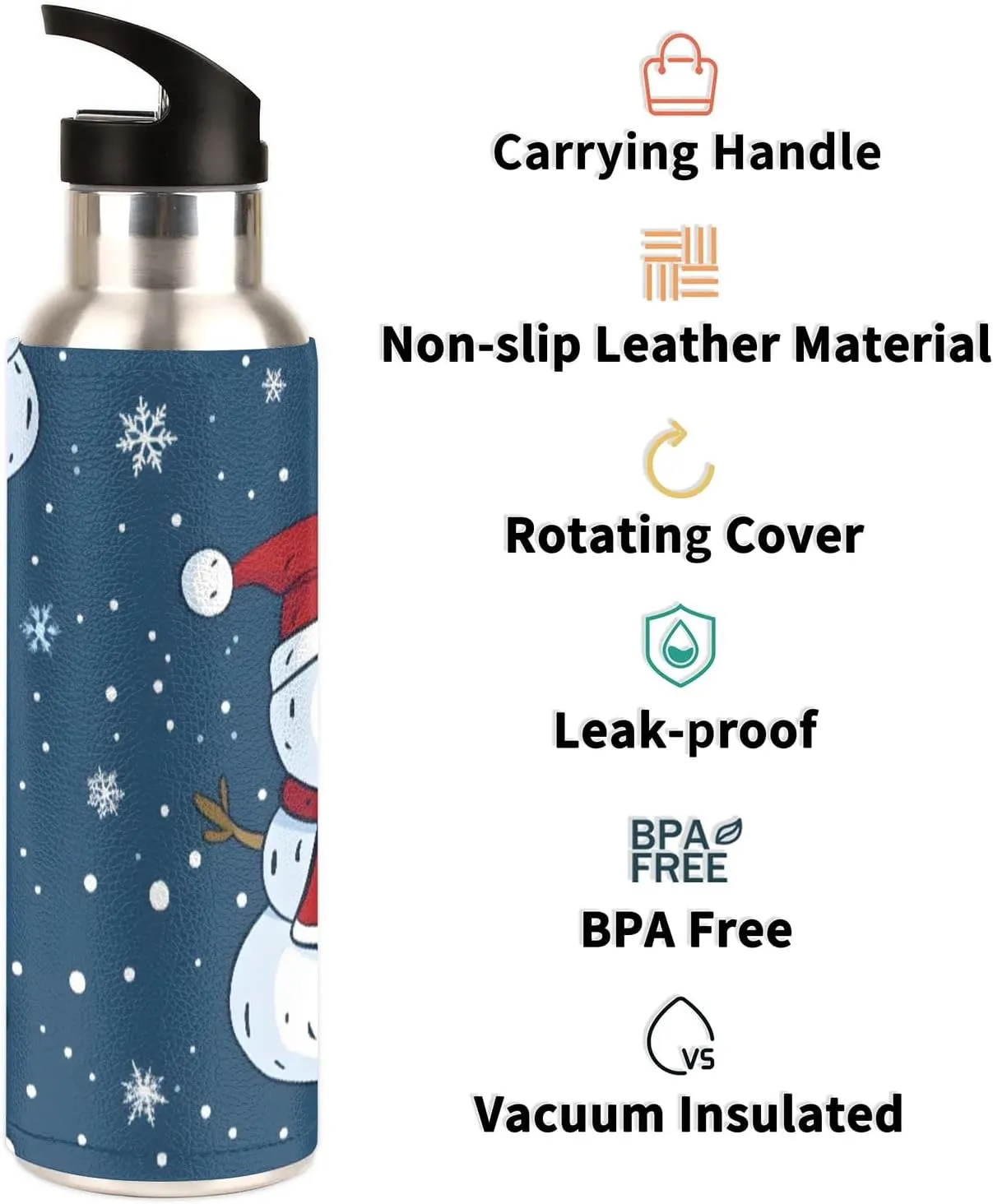 Water Bottle with Straw Lid Insulated Stainless Steel Thermos Reusable Leak Proof Flask for Sports Gym Snowman Christmas