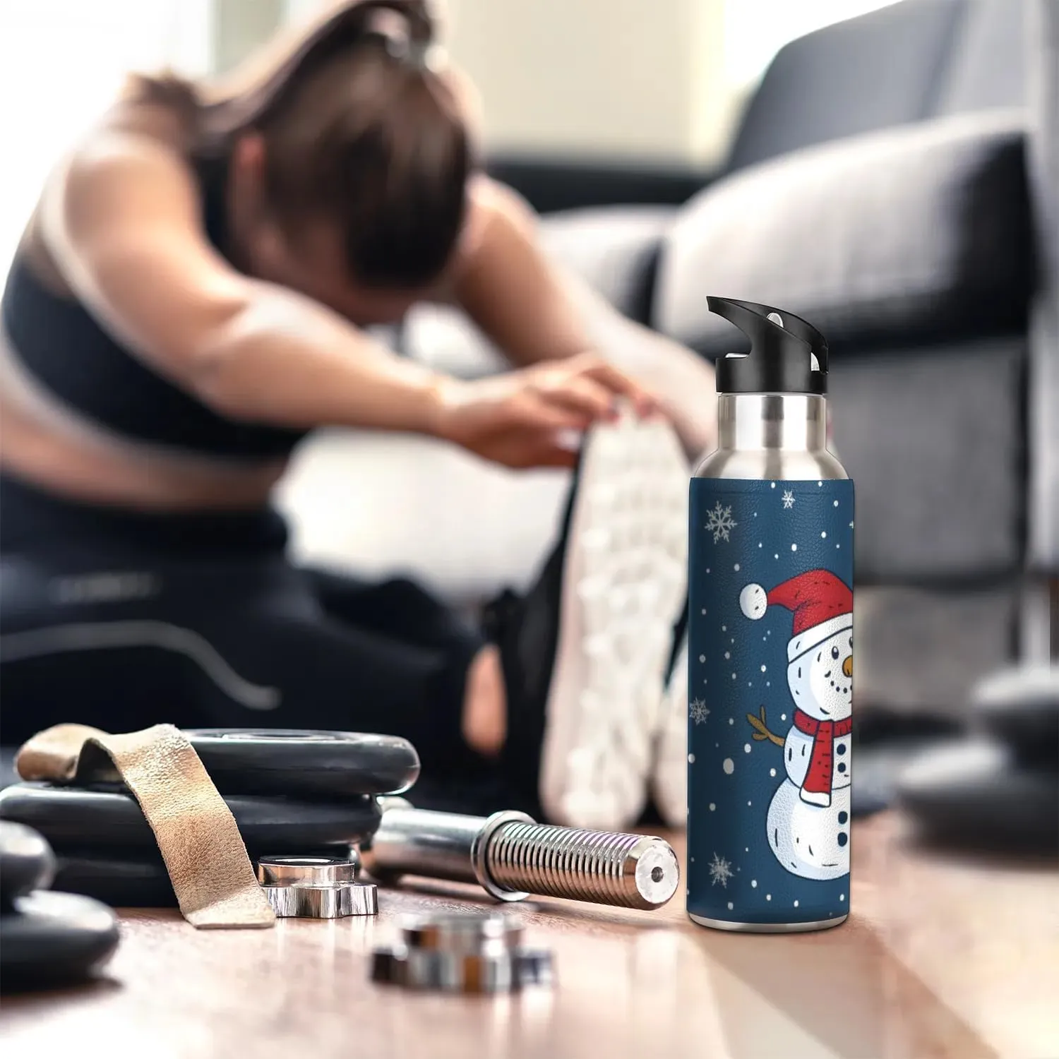 Water Bottle with Straw Lid Insulated Stainless Steel Thermos Reusable Leak Proof Flask for Sports Gym Snowman Christmas