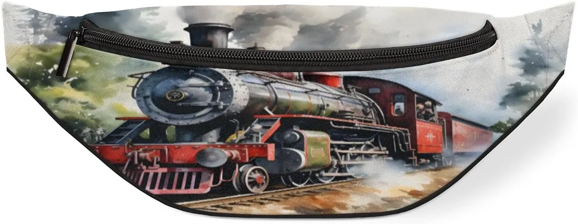 Watercolour Train Fanny Pack for Women Men Waist Pack Crossbody Bag with Adjustable Belt for Travel Hiking Running Cycling Festivals