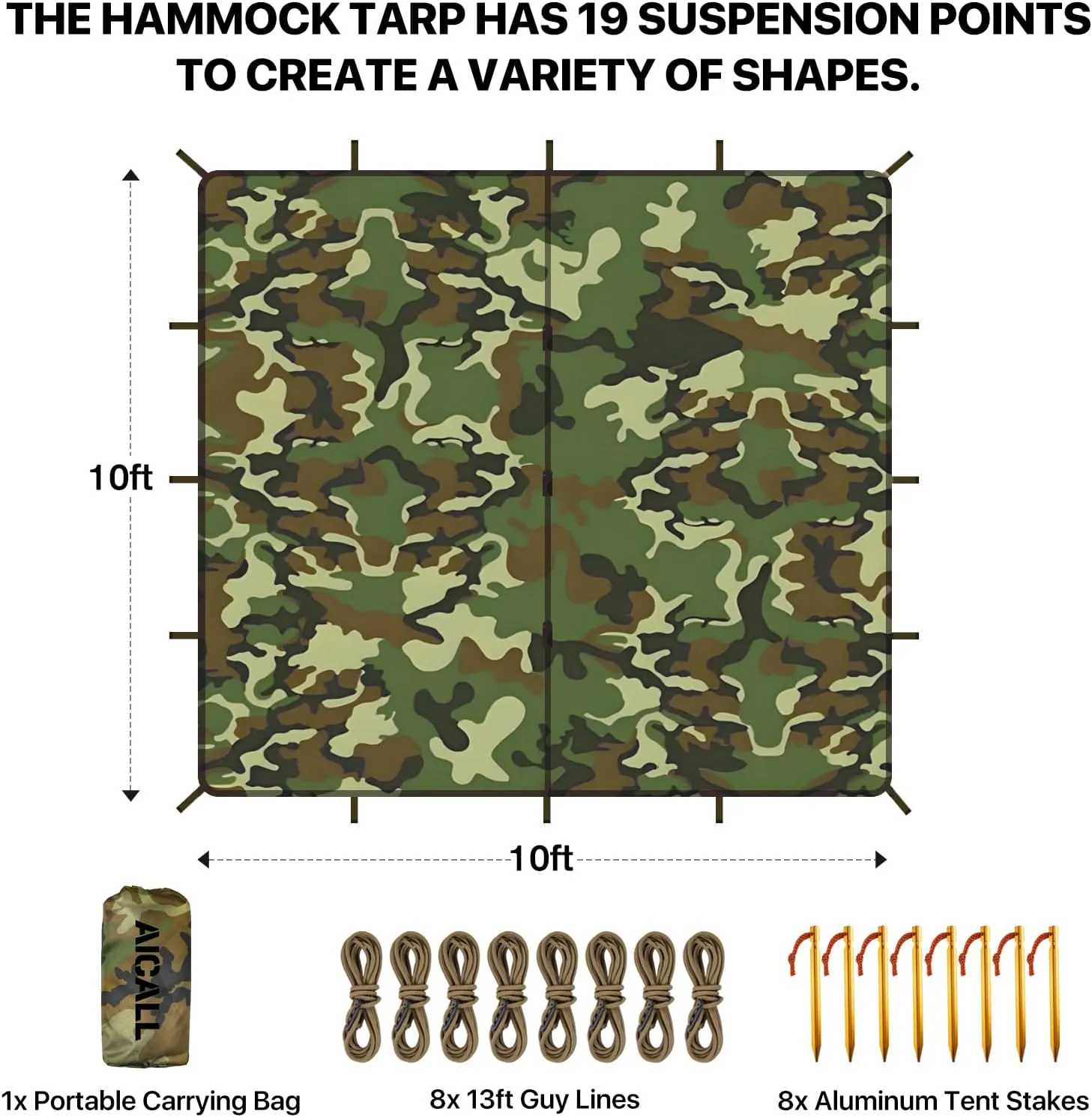 Waterproof Camping Tarp 10 x 10ft Survival Tent Backpacking Portable Tarp Multifunctional Anti-UV Shelter for Outdoor (Camo)