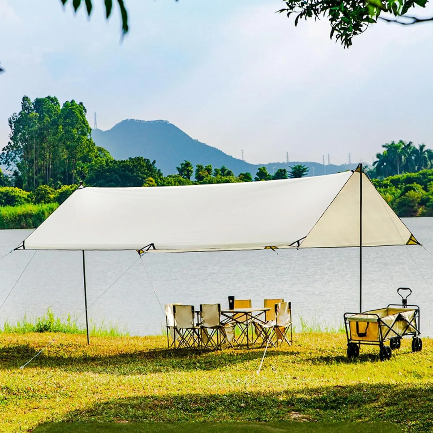 Waterproof Camping Tent Tarp - Portable Tarp Multifunctional Outdoor Camping Traveling Awning Backpacking Tarp Shelter Rain Tarp Including Tent Stakes and Carry Bag (Color : Ivory White, Siz