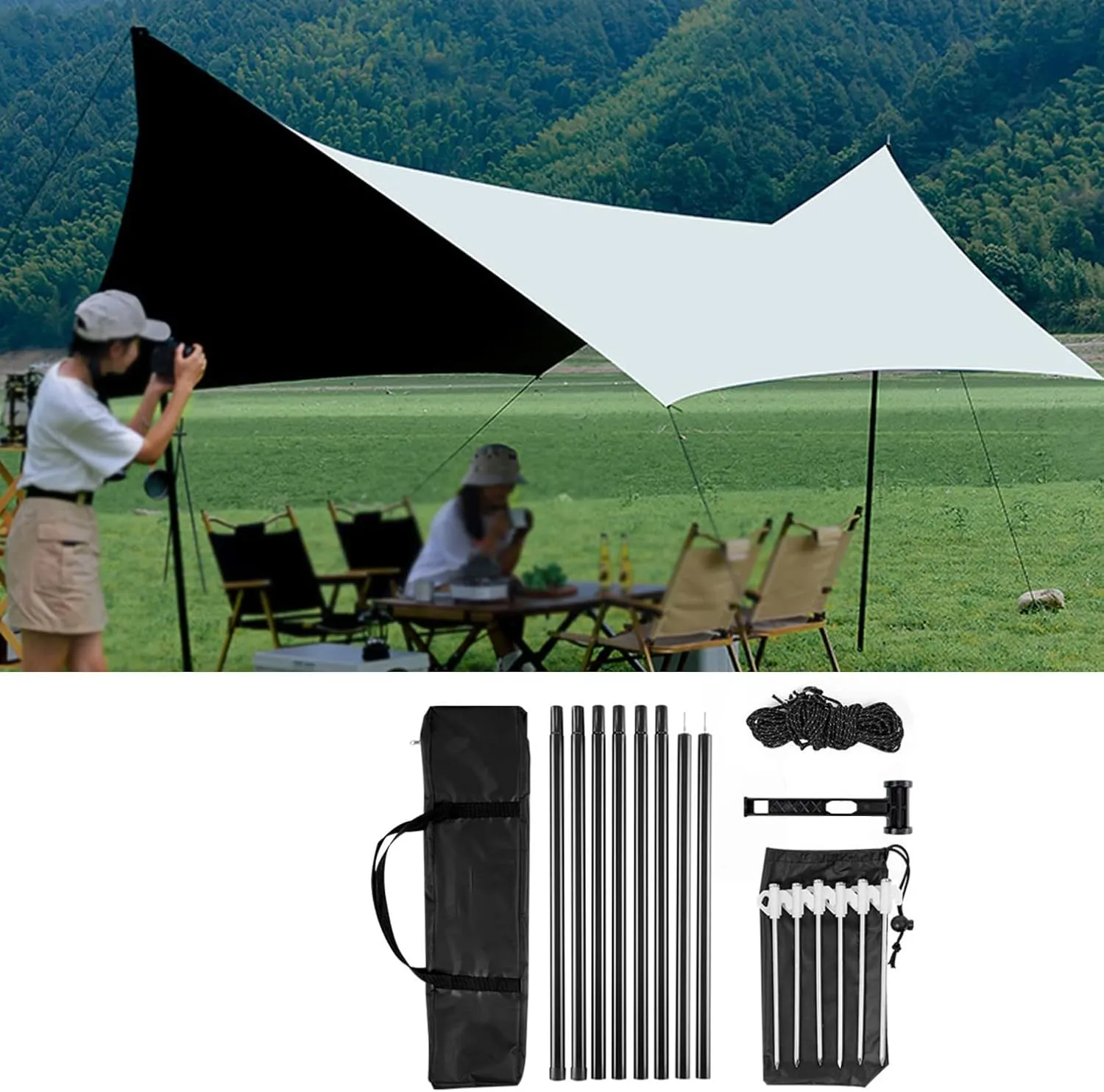 Waterproof Camping Tent Tarp Sun Shelter,Hammock Rain Fly Tarp,Portable Light Ripstop Rain & Wind Protection Tarp Cover for Camping Hammock & Tent Areas,with Accessories (Black,11.5 x 16.4ft) (