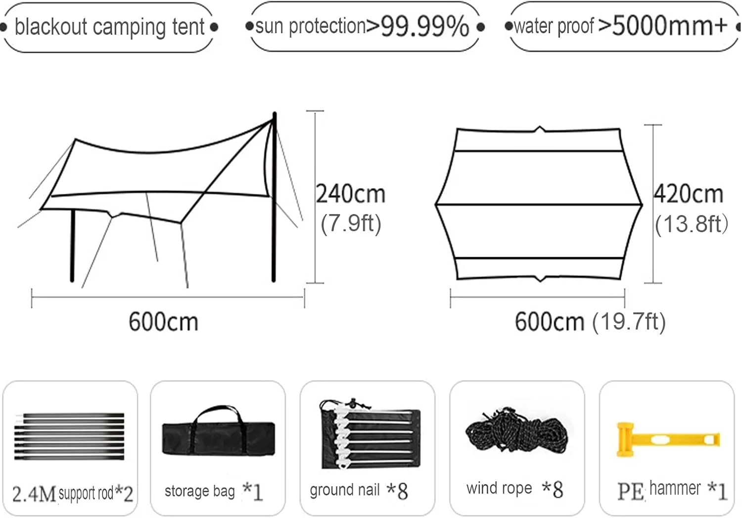 Waterproof Camping Tent Tarp Sun Shelter,Hammock Rain Fly Tarp,Portable Light Ripstop Rain & Wind Protection Tarp Cover for Camping Hammock & Tent Areas,with Accessories (Black,11.5 x 16.4ft) (