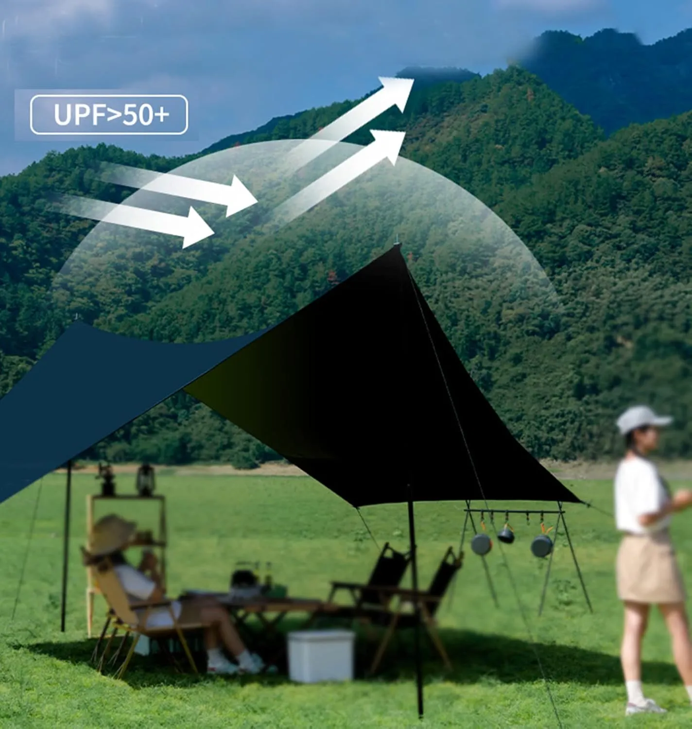 Waterproof Camping Tent Tarp Sun Shelter,Hammock Rain Fly Tarp,Portable Light Ripstop Rain & Wind Protection Tarp Cover for Camping Hammock & Tent Areas,with Accessories (Black,11.5 x 16.4ft) (