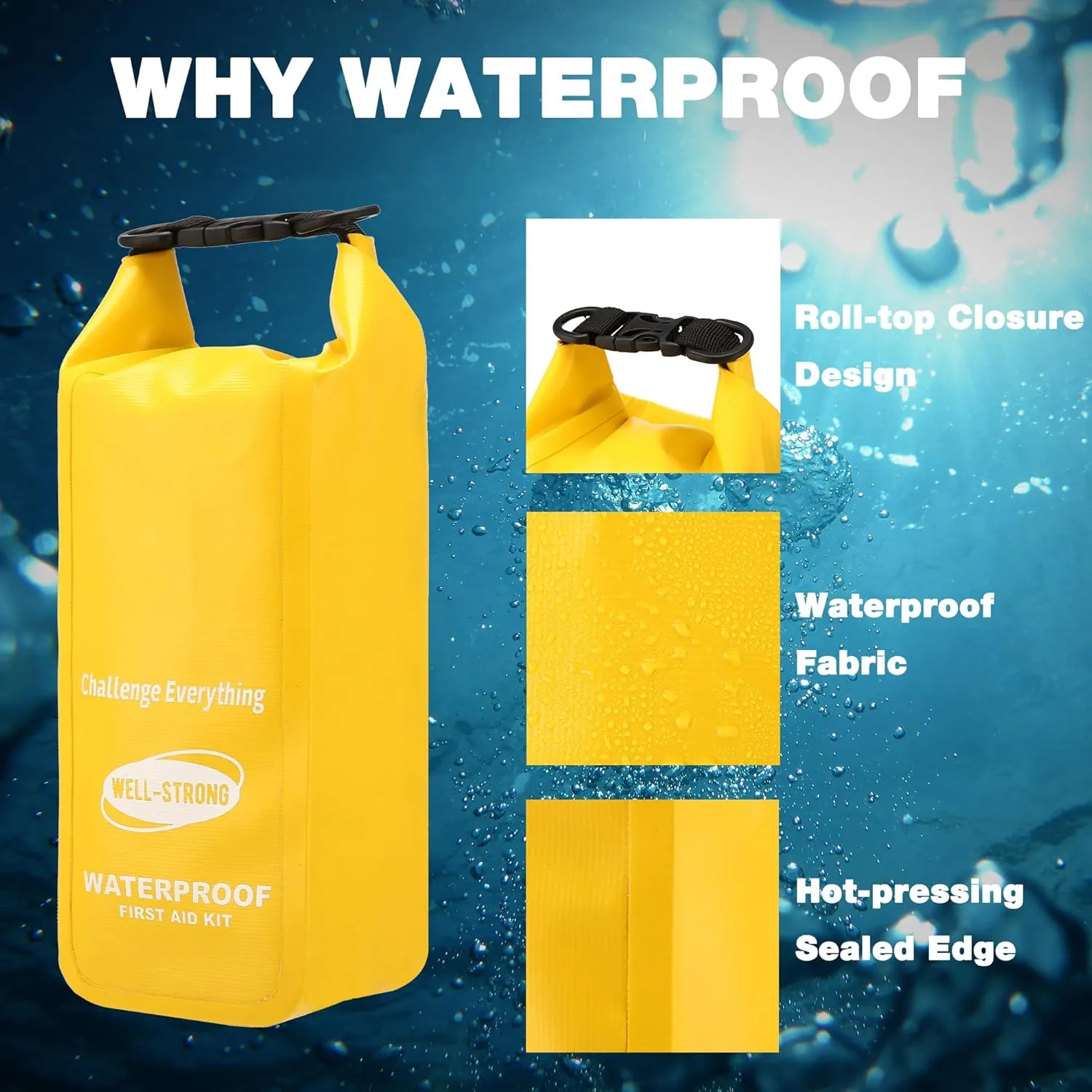 Waterproof First Aid Kit Roll Top Boat Emergency Kit with Waterproof Contents for Fishing Kayaking Boating Swimming Camping Rafting Beach Yellow