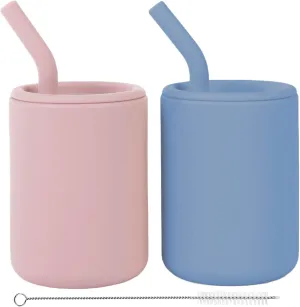 WeeSprout Silicone Baby Cups With Straws and Lids, 4 & 8 oz Options, Set of 2, Food Grade Toddler Training Container, Built In Straw Stoppers, Measurement Markings, Dishwasher Safe   Straw Cleaner