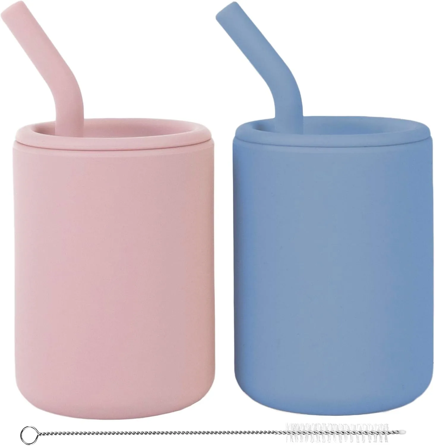 WeeSprout Silicone Baby Cups With Straws and Lids, 4 & 8 oz Options, Set of 2, Food Grade Toddler Training Container, Built In Straw Stoppers, Measurement Markings, Dishwasher Safe   Straw Cleaner