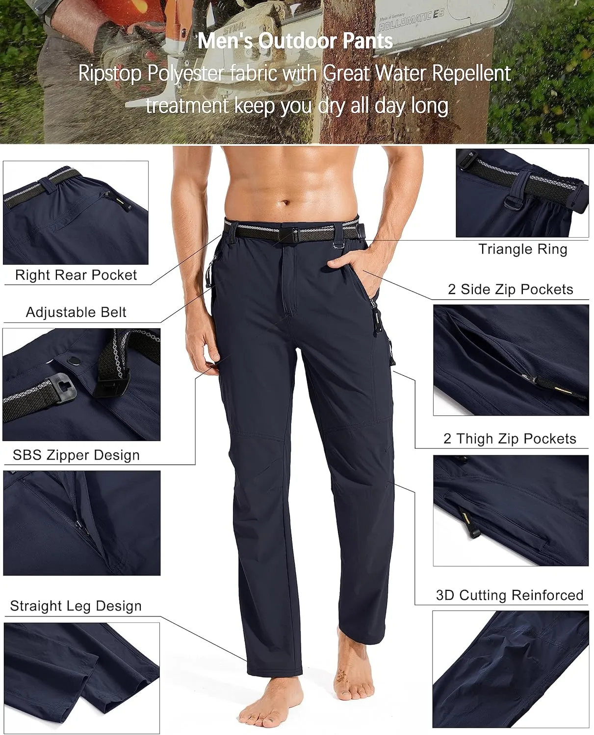 WENRONSTA Men's Hiking Work Cargo Pants Quick-Dry Lightweight Waterproof 6 Pockets Outdoor Mountain Fishing Camping Pants