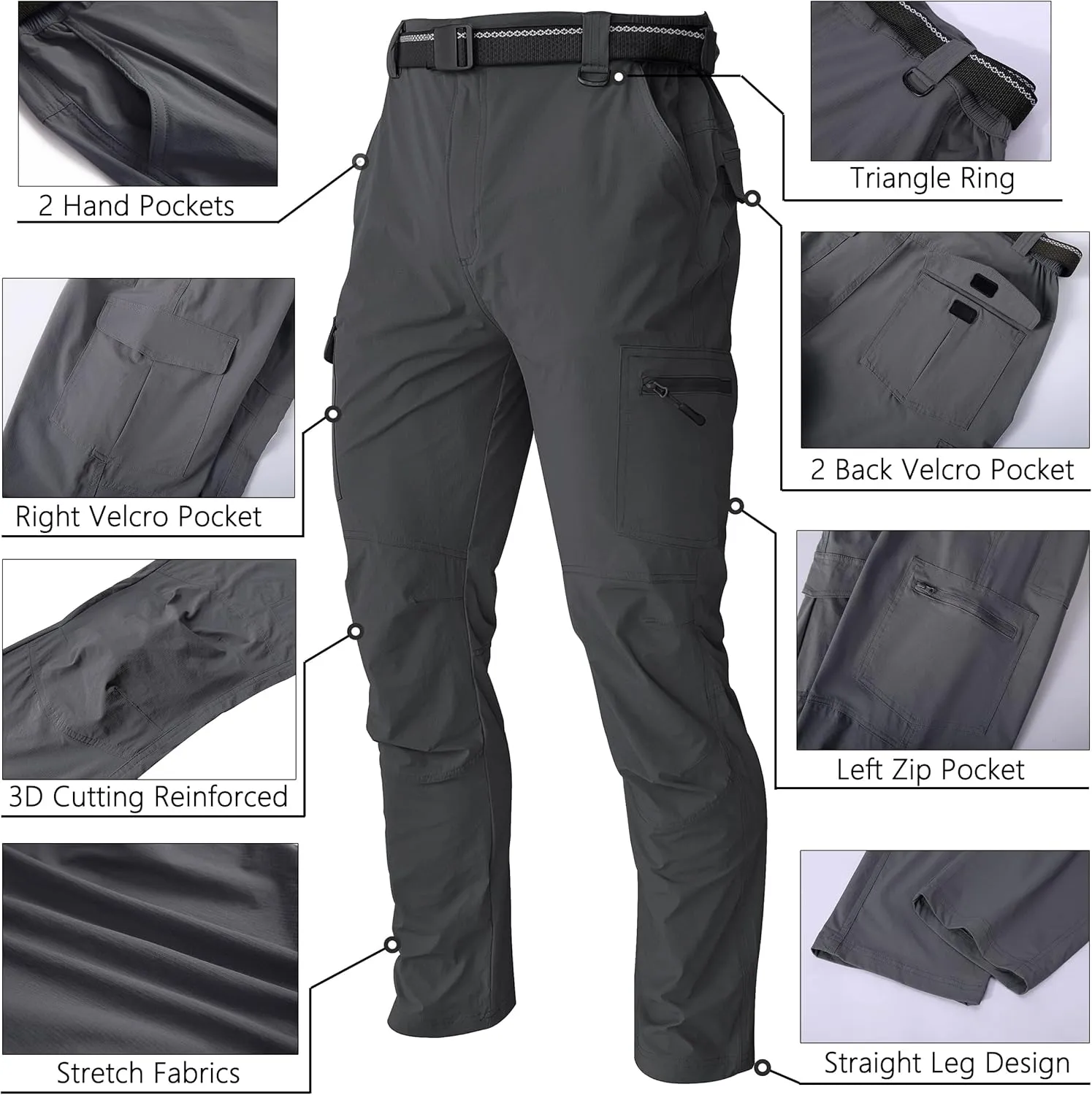 WENRONSTA Men's Hiking Work Cargo Pants Quick-Dry Lightweight Waterproof 6 Pockets Outdoor Mountain Fishing Camping Pants
