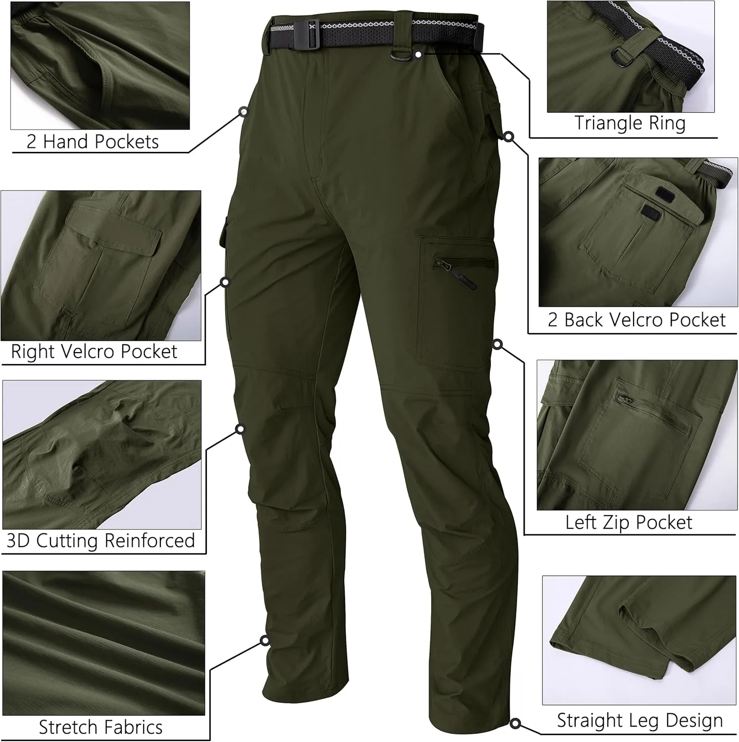 WENRONSTA Men's Hiking Work Cargo Pants Quick-Dry Lightweight Waterproof 6 Pockets Outdoor Mountain Fishing Camping Pants