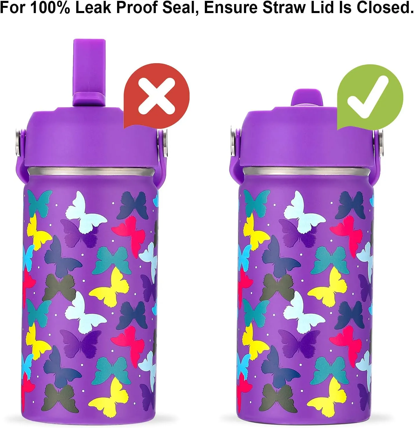 WEREWOLVES Kids Water Bottle with Boot, Insulated Stainless Steel Wide Mouth Metal Water Bottle with LeakProof Straw Lid for School, Girls, Boys