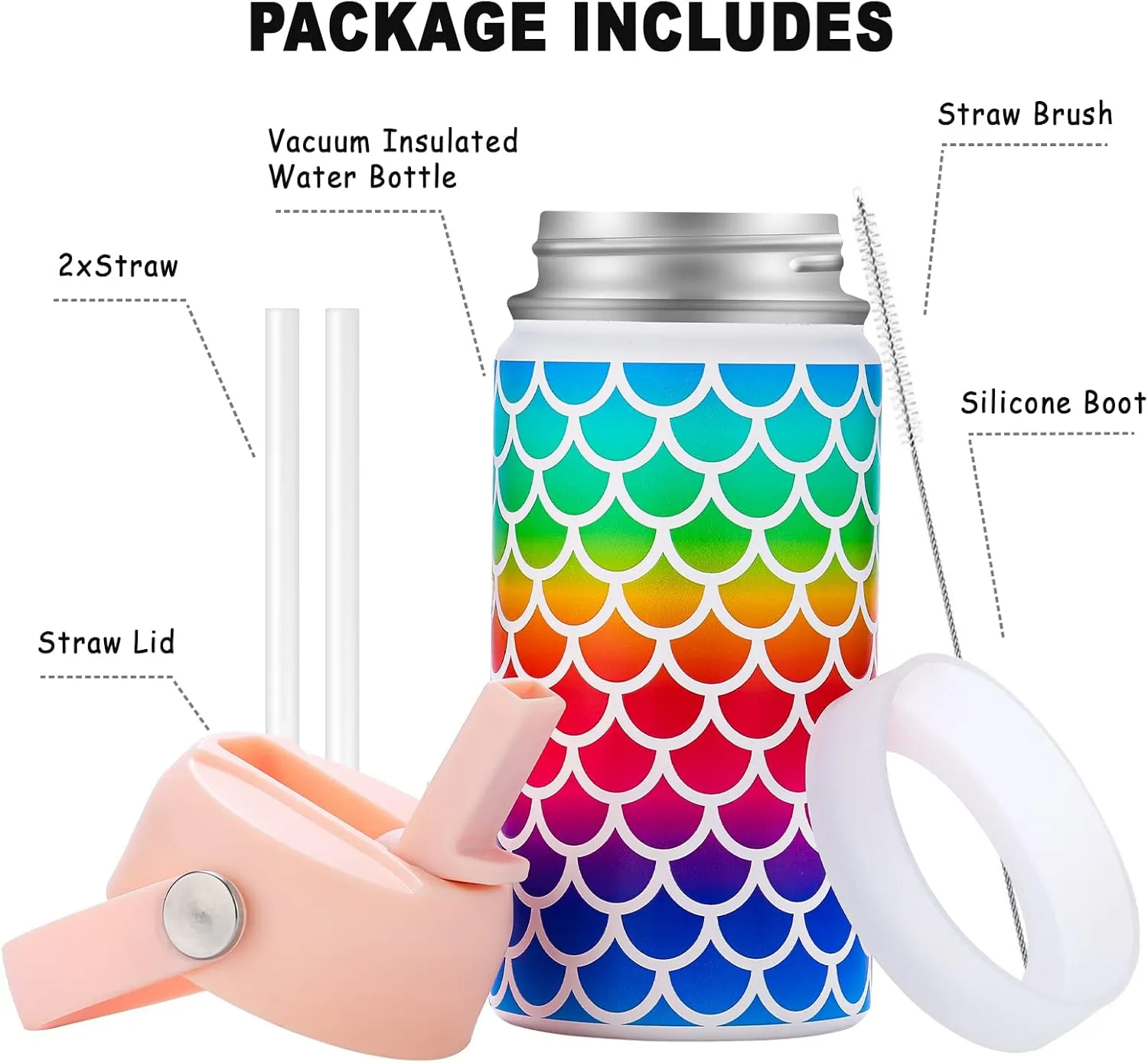 WEREWOLVES Kids Water Bottle with Boot, Insulated Stainless Steel Wide Mouth Metal Water Bottle with LeakProof Straw Lid for School, Girls, Boys