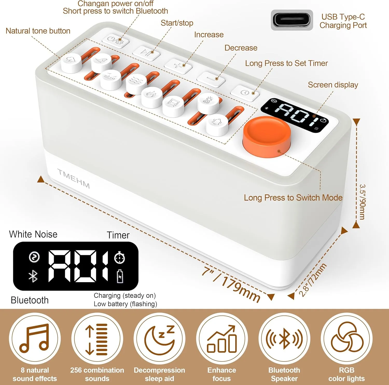 White Noise Sleep Sound Machine with 8 Nature Sounds, Portable Bluetooth Speaker, 12 Colors Night Lights, Sleep Timer & Breathing Exercises, for Babies, Kids, and Adults