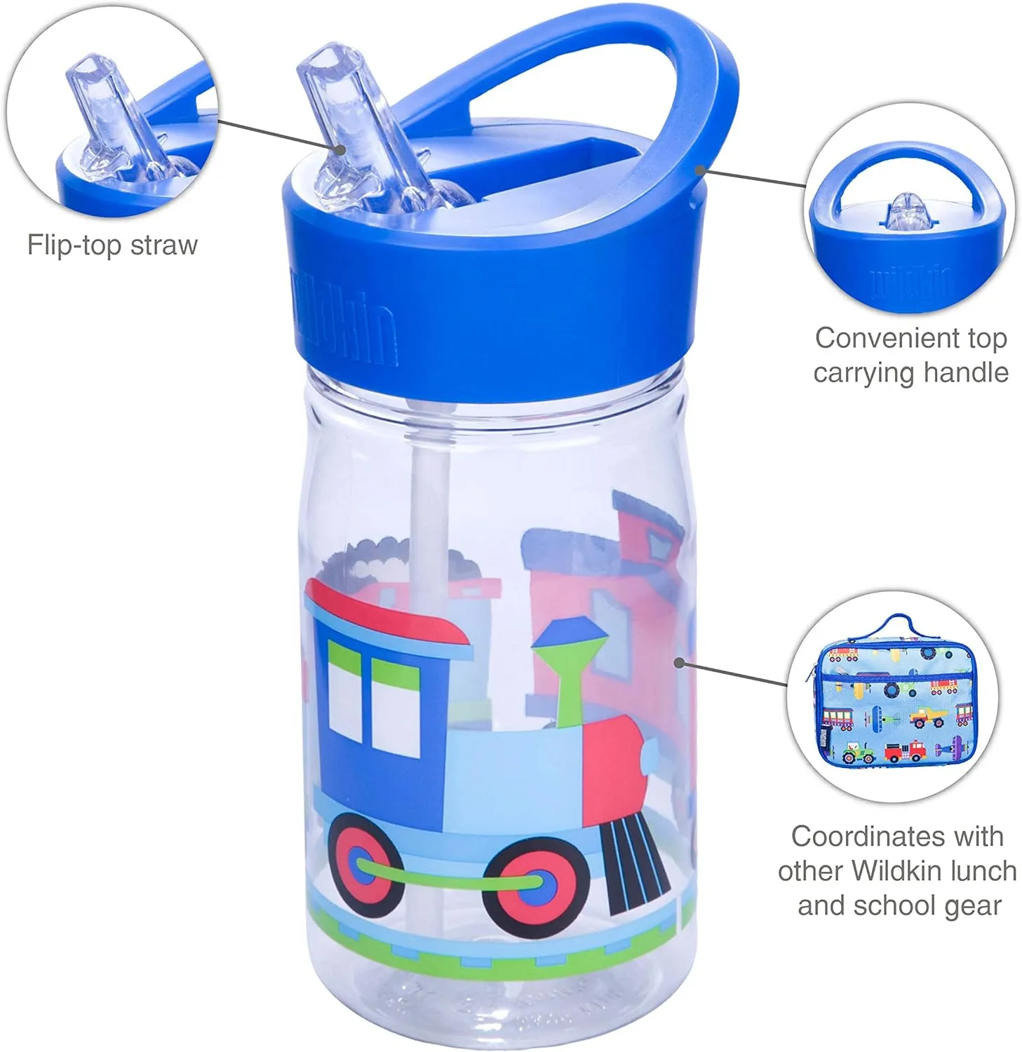 Wildkin Kids 16 Oz Water Bottle – Straw Lid & Handle, Easy to Clean, Ideal for School & Travel - Trains, Planes, and Trucks