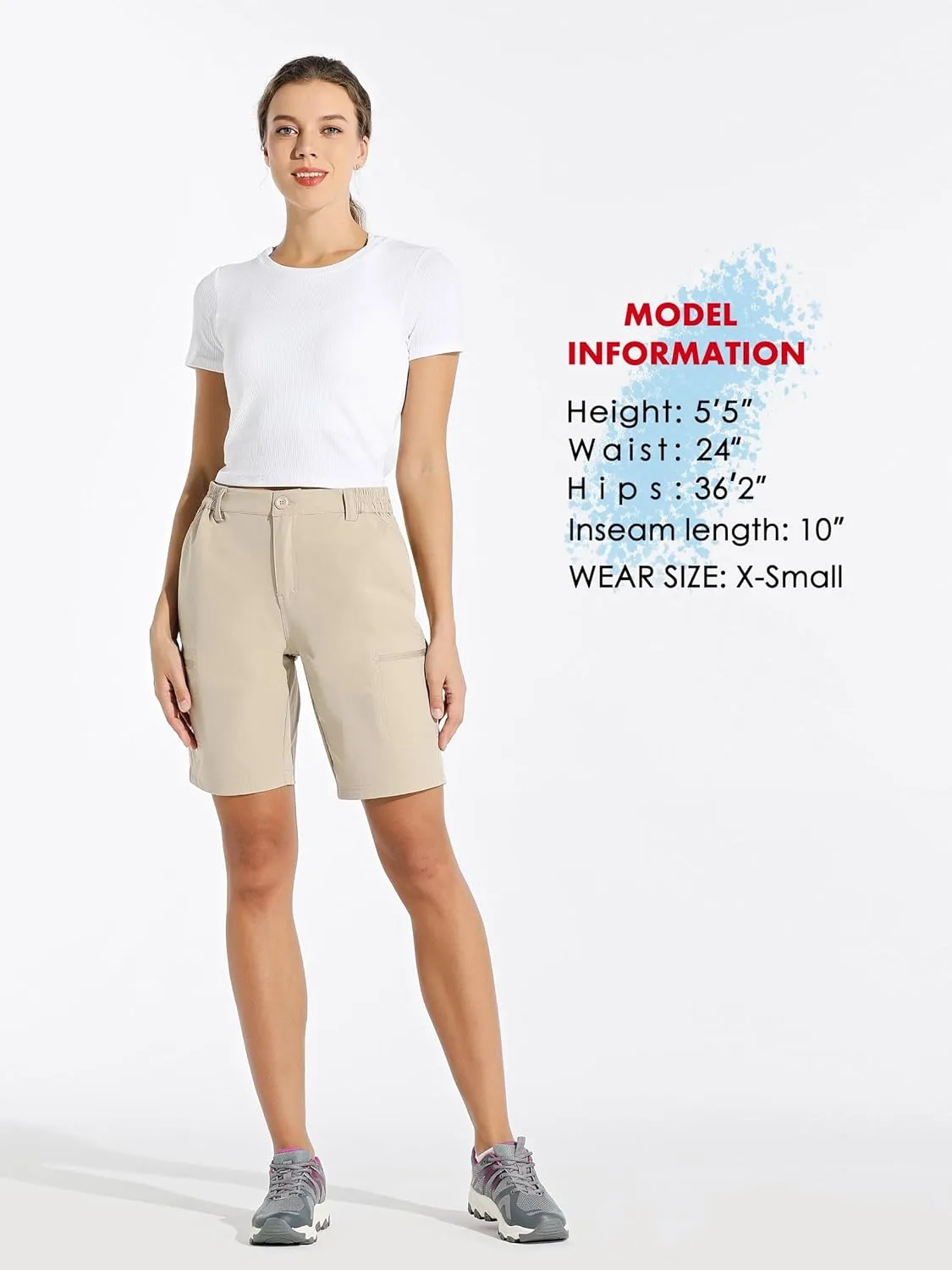 Willit Women's 10" Hiking Cargo Shorts with 4-Way Stretch, UPF50 Sun Protection, 4 Pockets, Khaki, X-Small to 2X-Large