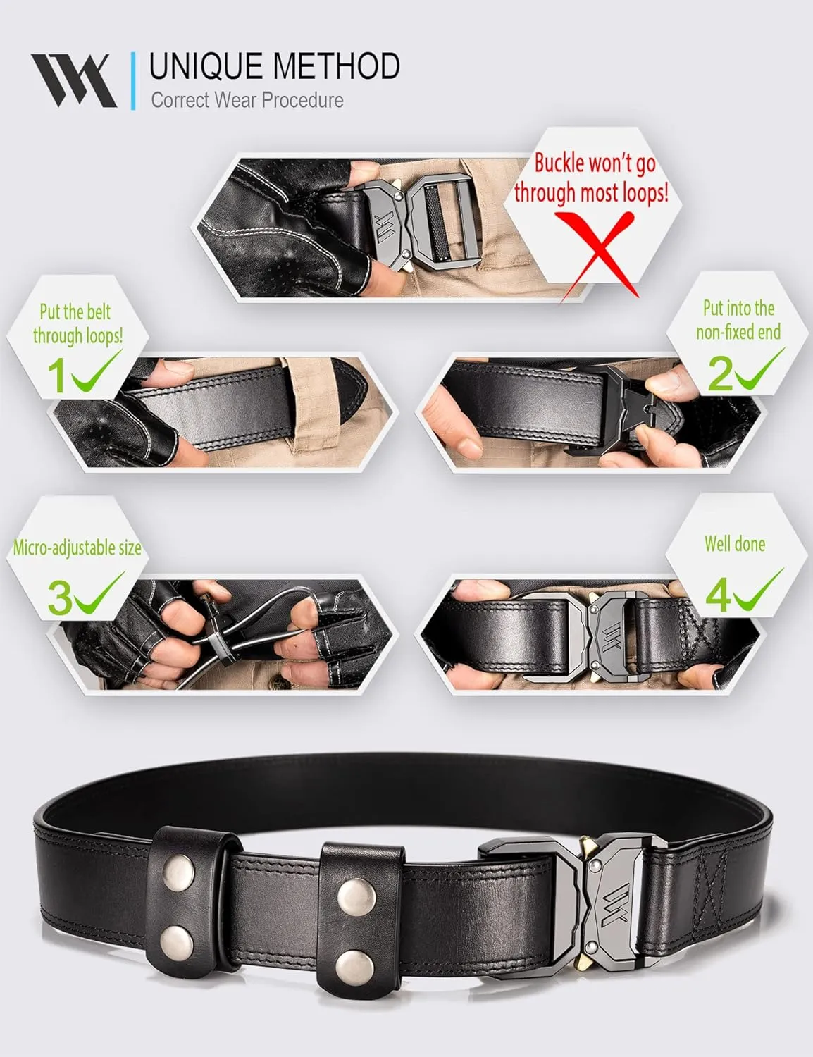 WOLFANT Leather Tactical Belt,100% Italian Solid Full Grain Leather Military Hiking Work Gun Belt with Quick Release Buckle