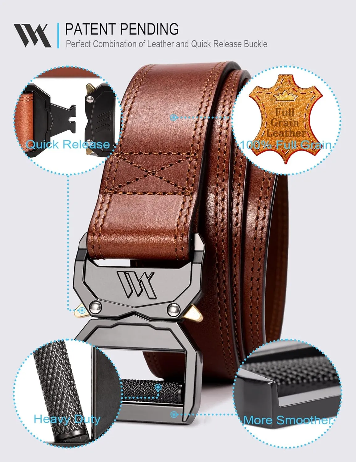 WOLFANT Leather Tactical Belt,100% Italian Solid Full Grain Leather Military Hiking Work Gun Belt with Quick Release Buckle