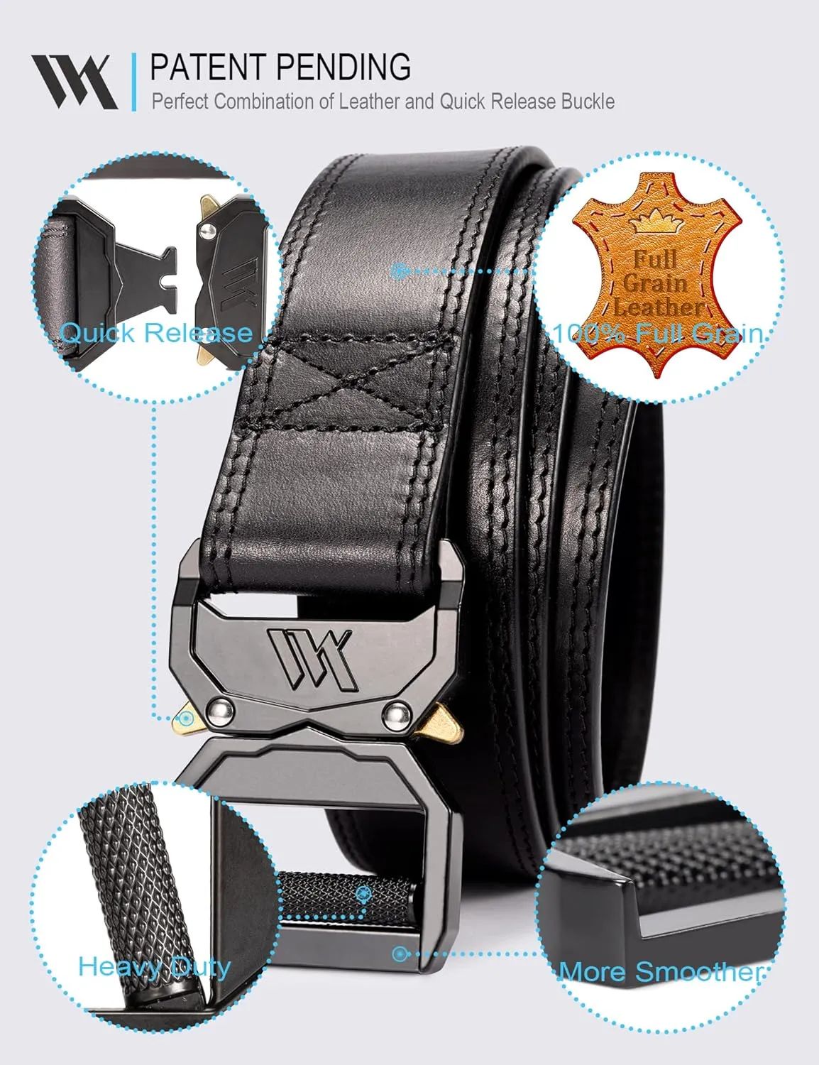WOLFANT Leather Tactical Belt,100% Italian Solid Full Grain Leather Military Hiking Work Gun Belt with Quick Release Buckle