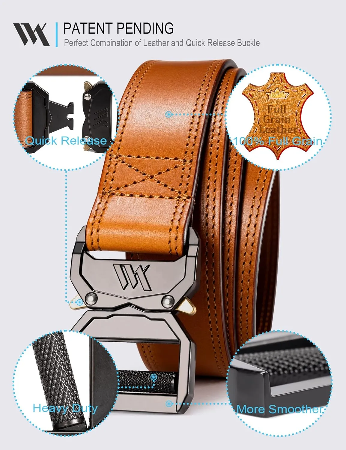 WOLFANT Leather Tactical Belt,100% Italian Solid Full Grain Leather Military Hiking Work Gun Belt with Quick Release Buckle