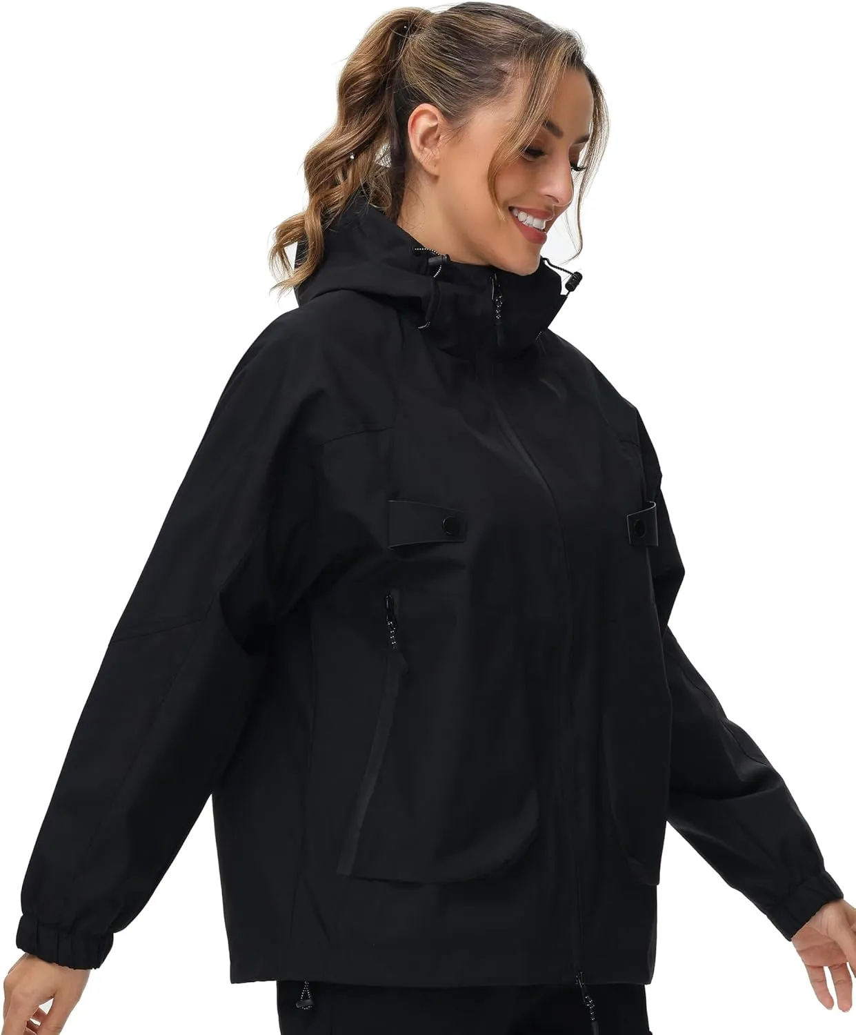 Women Rain Jacket with Adjustable Hood Fashion Lightweight Raincoat Waterproof Soft Shell Windbreaker