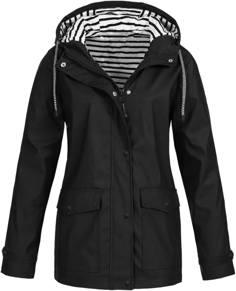 Women Waterproof Outdoor Hiking Raincoat Women Lined Rain Jacket Lightweight Hooded Jackets Trench Coats
