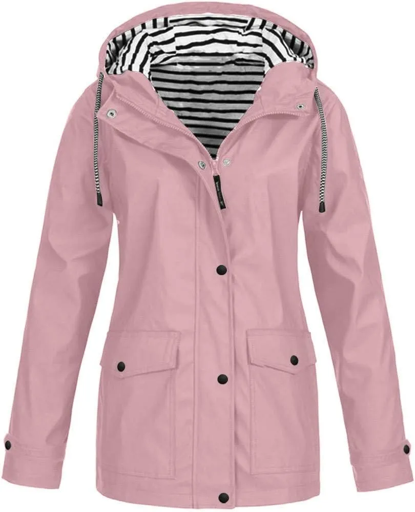 Women Waterproof Outdoor Hiking Raincoat Women Lined Rain Jacket Lightweight Hooded Jackets Trench Coats