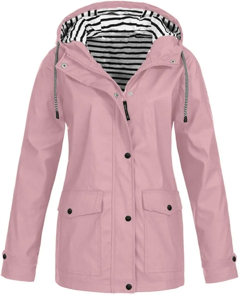 Women Waterproof Outdoor Hiking Raincoat Women Lined Rain Jacket Lightweight Hooded Jackets Trench Coats