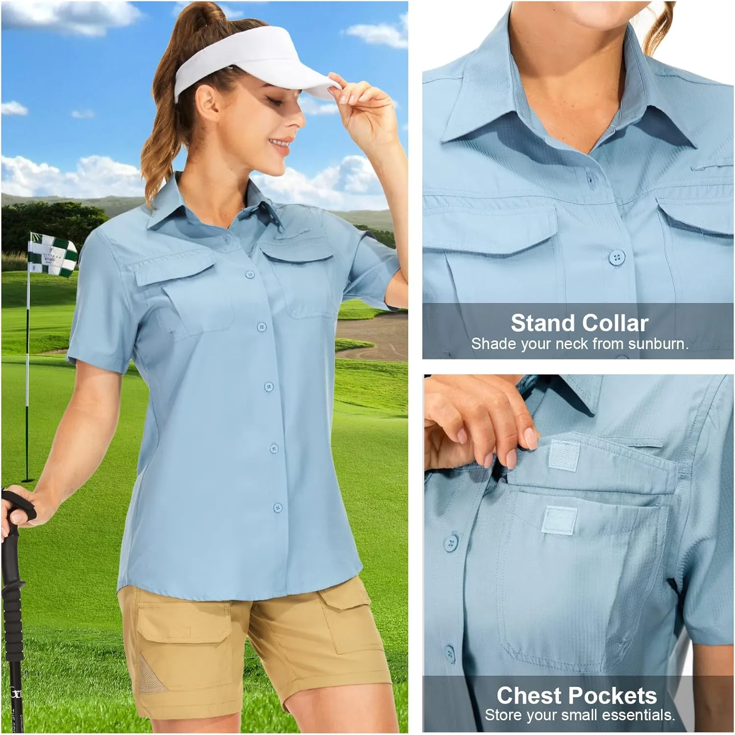 Women's Button Down Shirts UPF 50  Short Sleeve Sun Protection Shirts Stretch Quick Dry Shirt for Fishing, Hiking, Travel