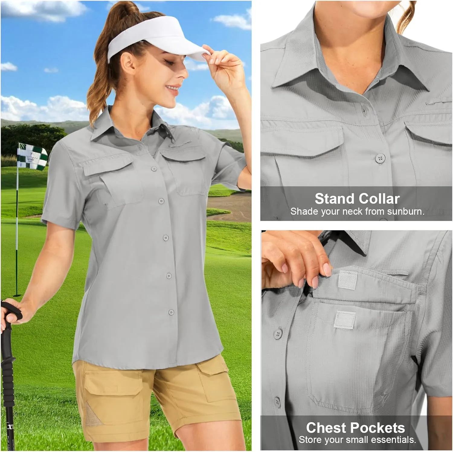 Women's Button Down Shirts UPF 50  Short Sleeve Sun Protection Shirts Stretch Quick Dry Shirt for Fishing, Hiking, Travel