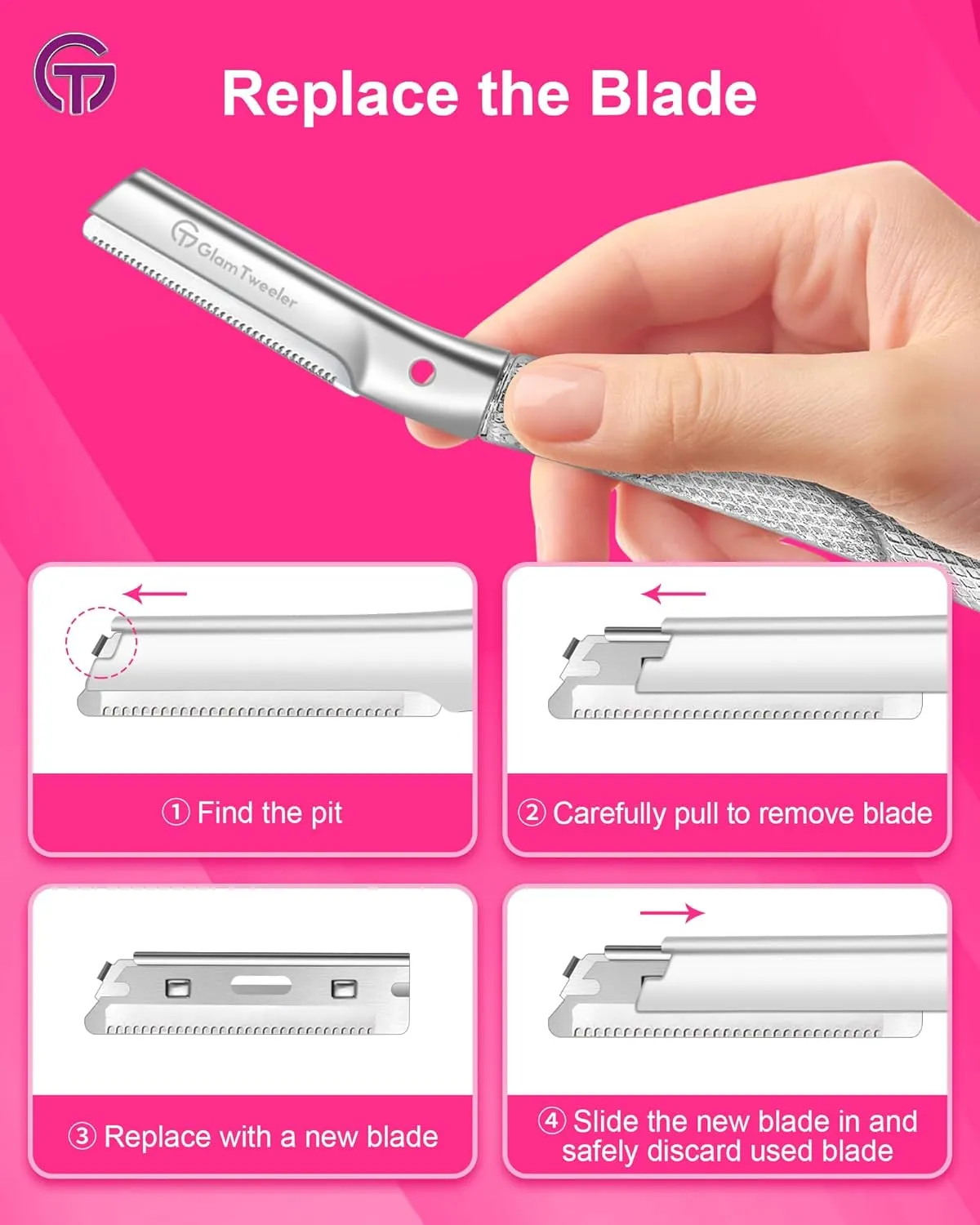 Women's Dermaplane Face & Eyebrow Razor Kit with Slant Tweezers, Spoolie Brush, and GlamTweeler's Luxury Leather Storage & Travel Case   10 Refill Blades