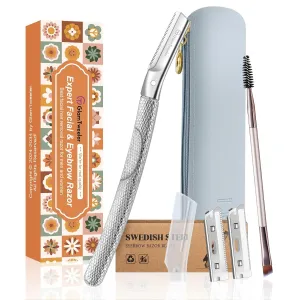 Women's Dermaplane Face & Eyebrow Razor Kit with Slant Tweezers, Spoolie Brush, and GlamTweeler's Luxury Leather Storage & Travel Case   10 Refill Blades