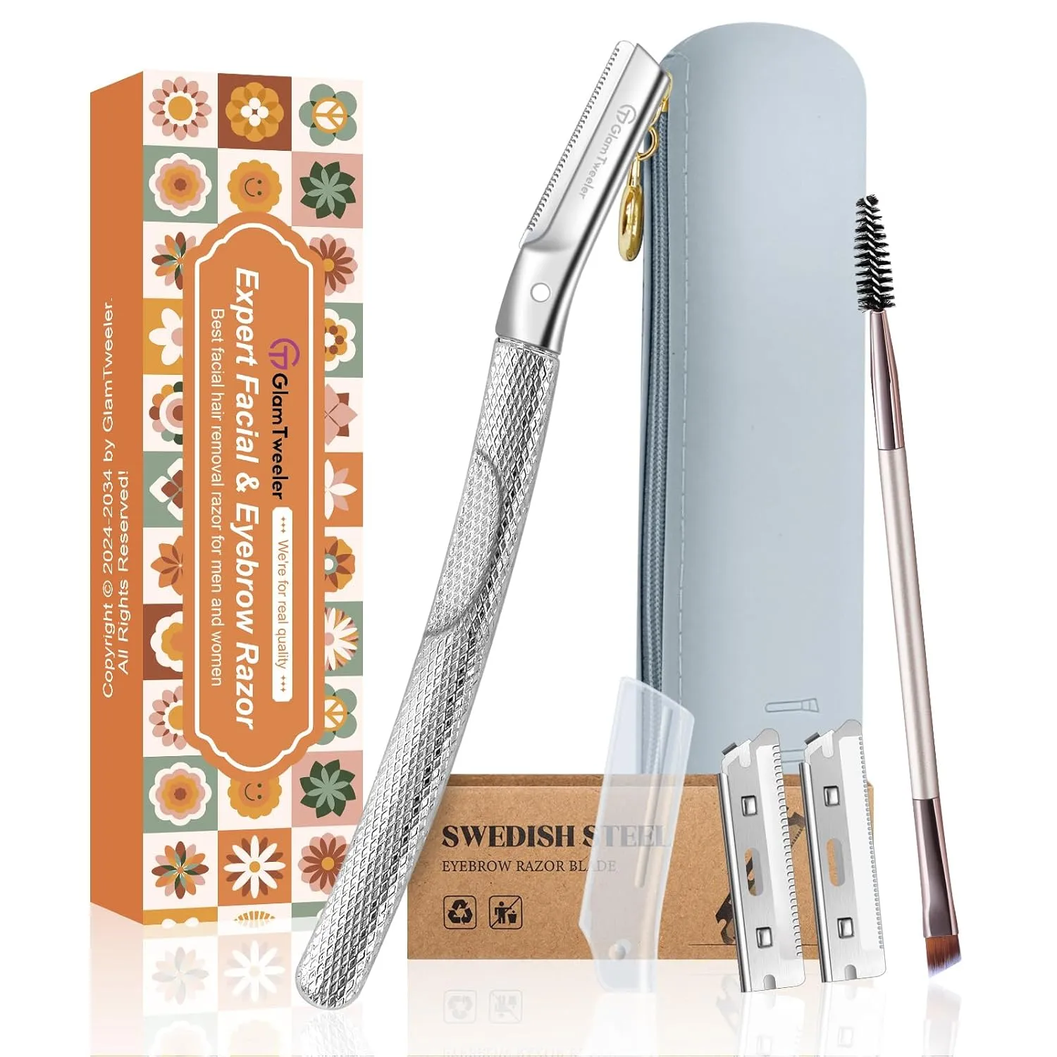Women's Dermaplane Face & Eyebrow Razor Kit with Slant Tweezers, Spoolie Brush, and GlamTweeler's Luxury Leather Storage & Travel Case   10 Refill Blades