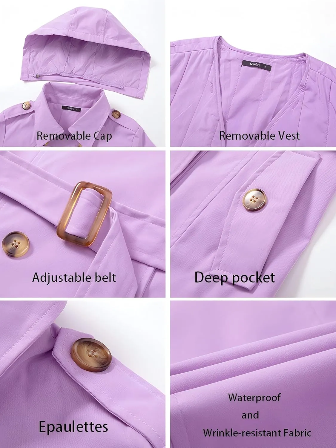 Women's Trench Coat Double Breasted Classic Mid-Length Adjustable Belt Jacket with Detachable Hood and Vest