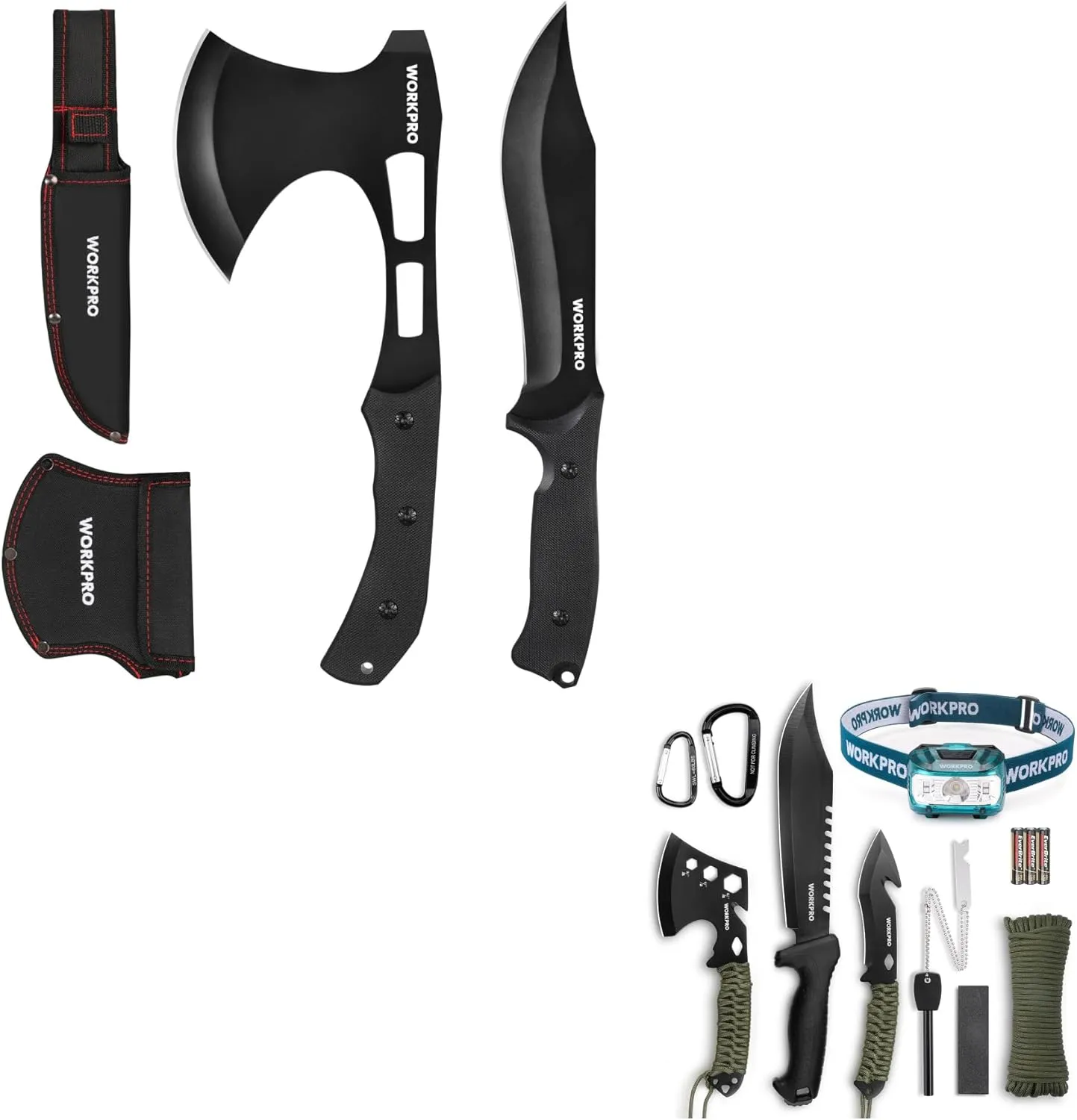 WORKPRO Hunting Knife and Hatchet Axe Combo Set - Full Tang Fixed Blade Tactical Knife and Camping Axe - Survival Knife and Camping Hatchet with Sheathes - Tactical Knife and Survival Axe for Men
