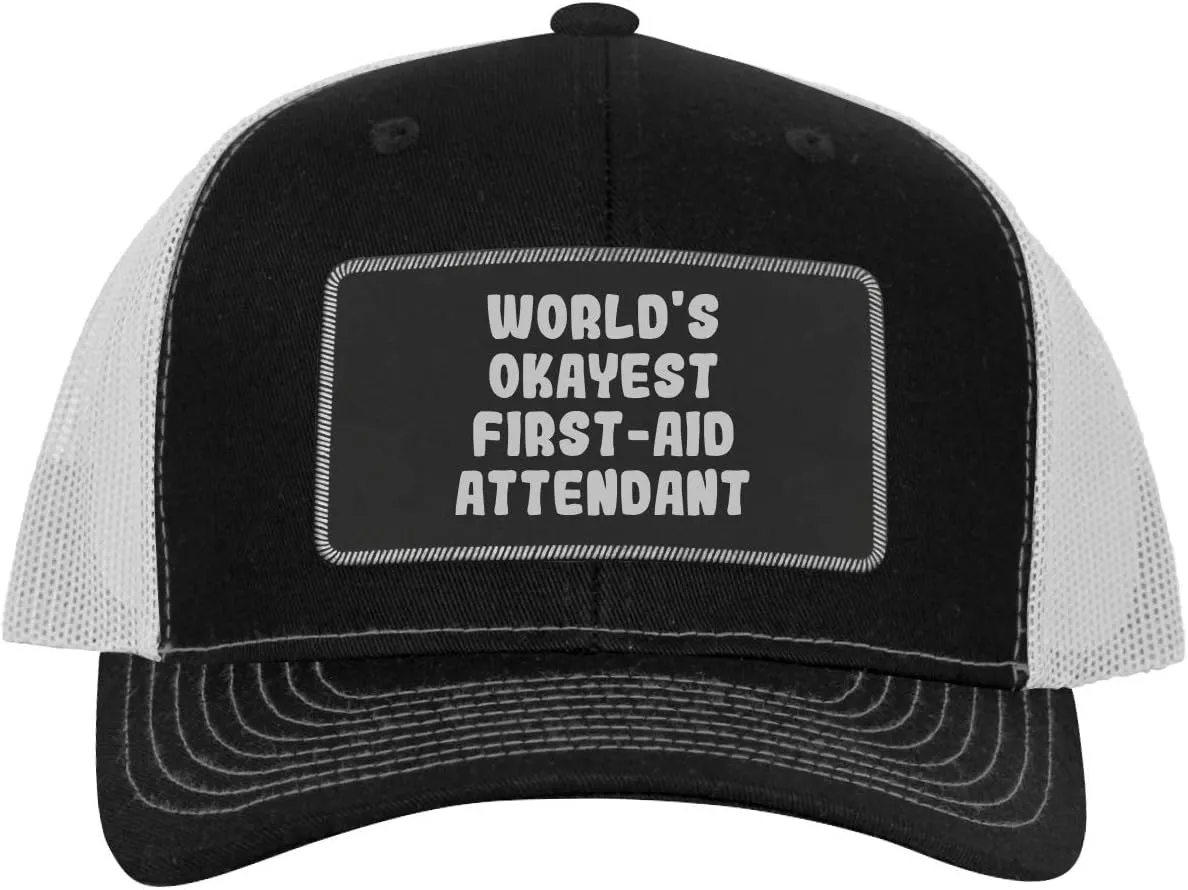World's Okayest First-Aid Attendant - Leather Black Patch Engraved Trucker Hat