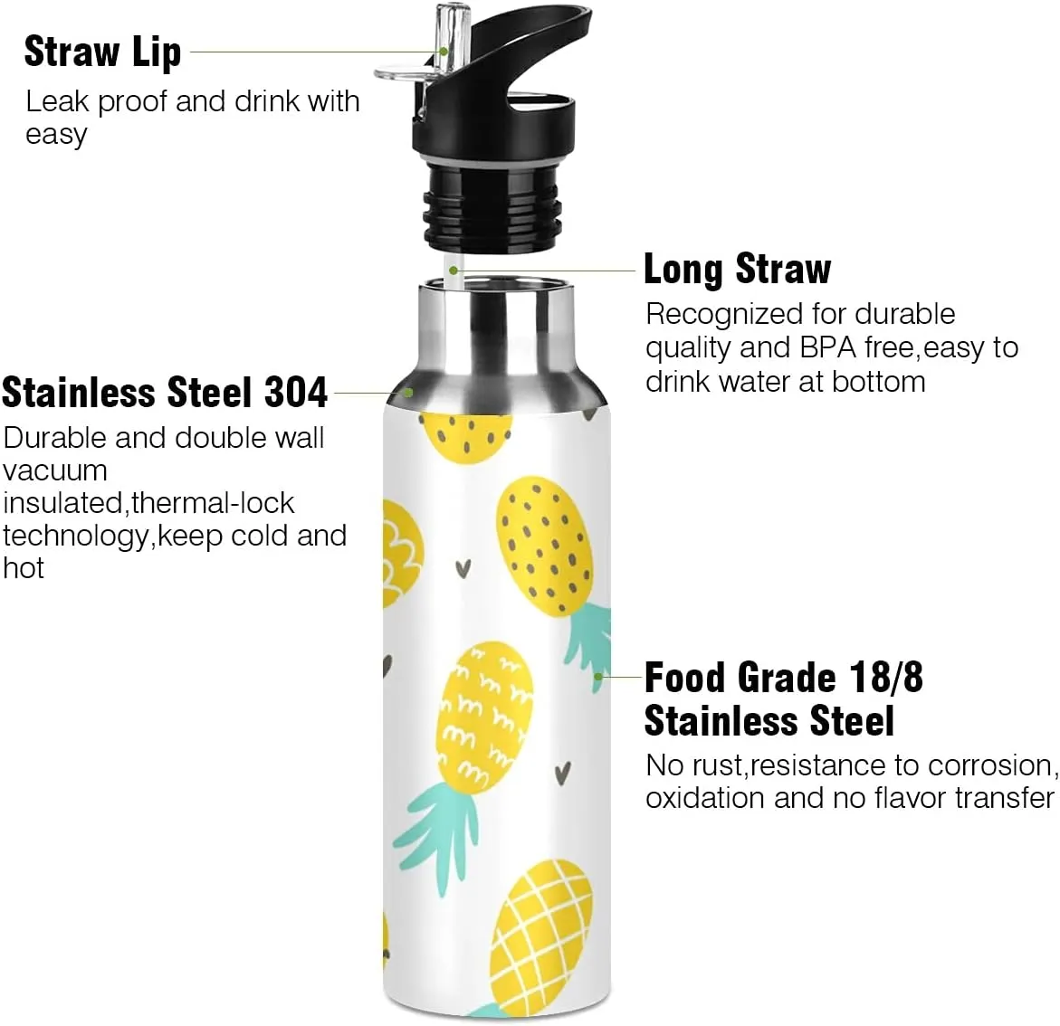 xigua Fresh Cartoon Pineapple Stainless Steel 600ml Water Bottle Leak-Proof Water Bottle, Suitable for Gym School Children and Adult Drinking Bottles